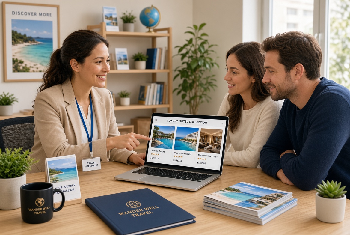 Travel specialist at a desk reviewing hotel options with a client