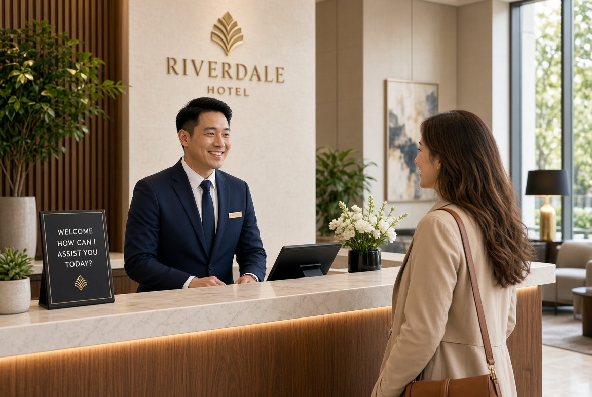 Bright modern hotel reception with a concierge greeting a guest