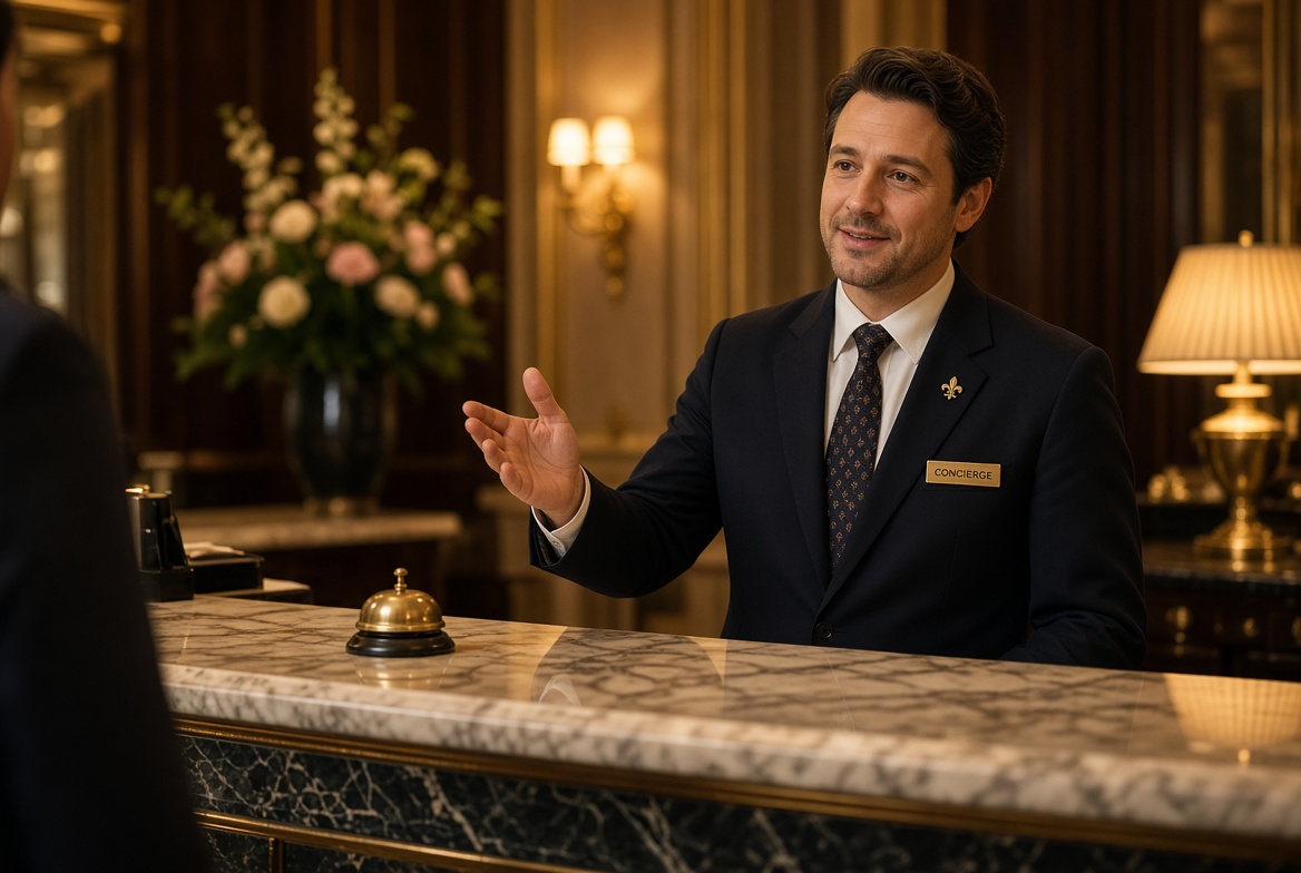 Hotel concierge answering a guest's question at a marble reception desk