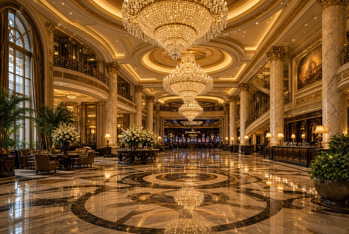 Grand casino hotel lobby with chandeliers and marble floors