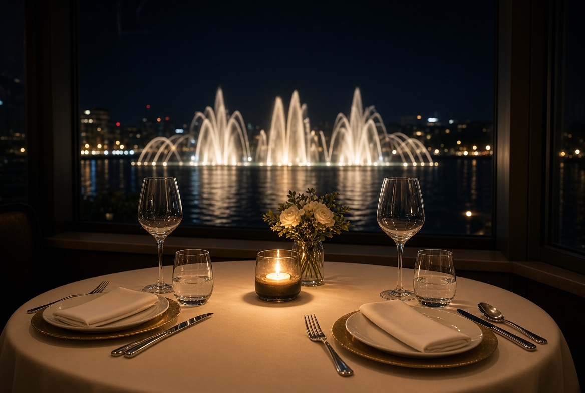 Candlelit restaurant table set for two with a view of illuminated fountains