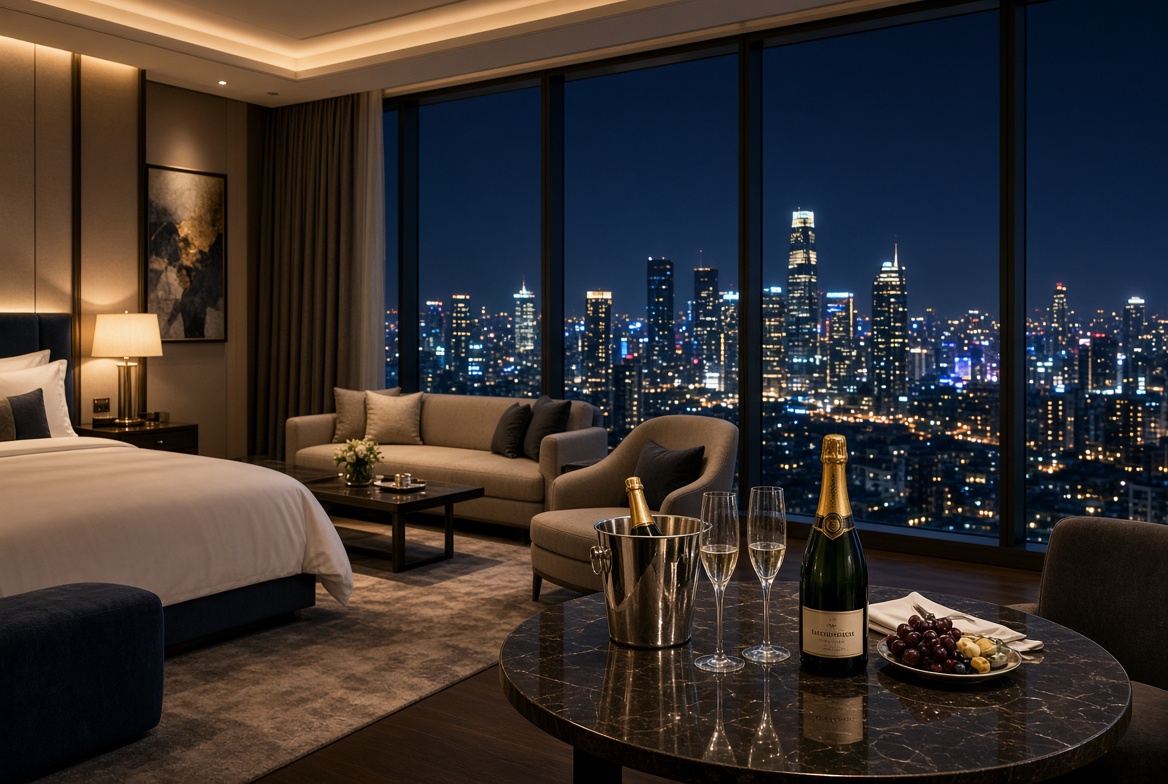 Hotel suite with a view over a lit city skyline and a bottle of sparkling wine on the table