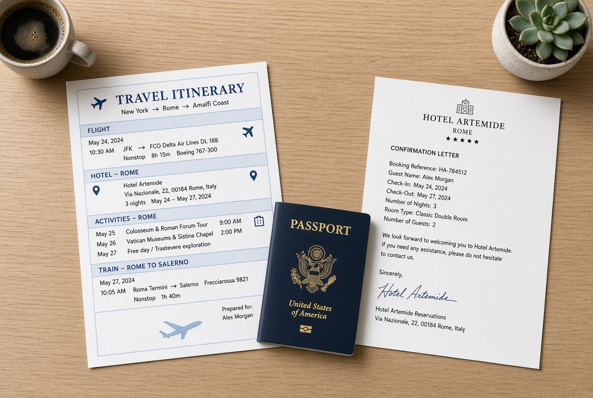 Organized desk with a travel itinerary, passport and printed hotel confirmation