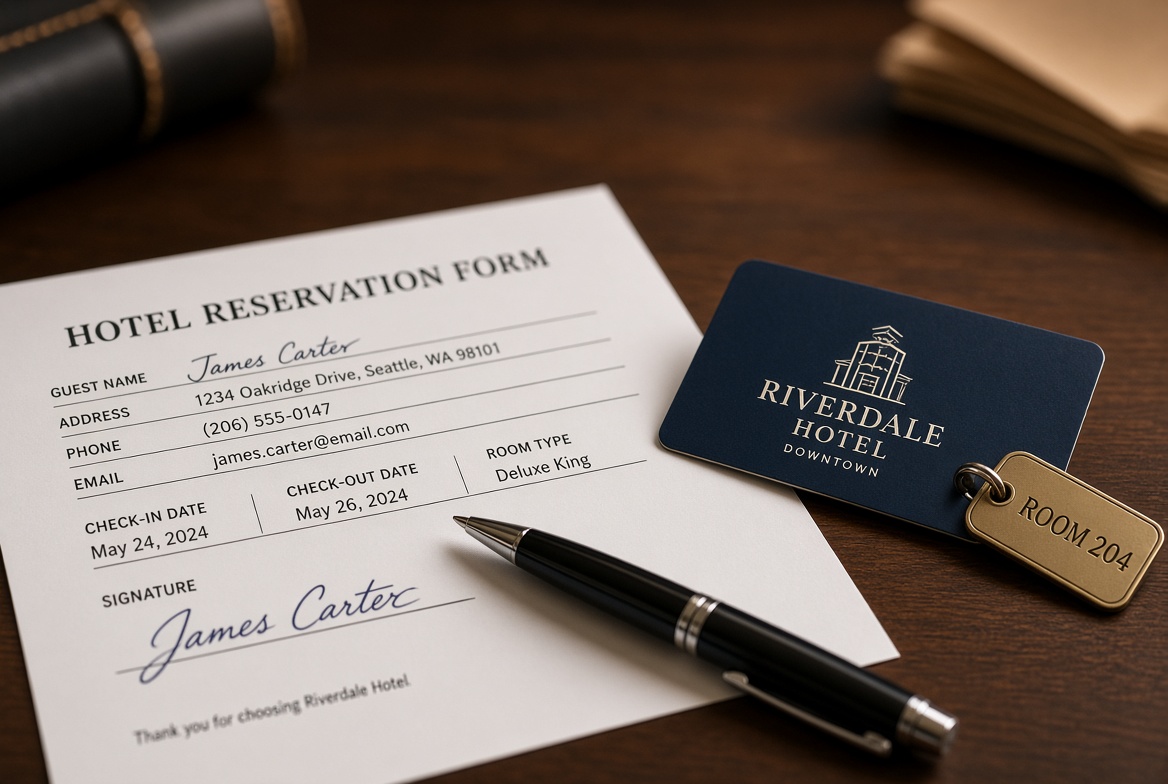 Pen resting on a signed hotel reservation form next to a room key card